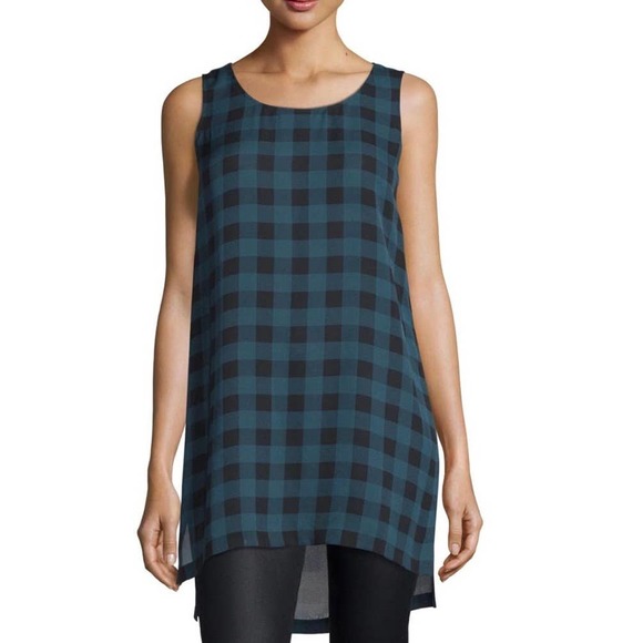 Eileen Fisher Tops - EILEEN FISHER Shirt Womens Small Black Blue Buffalo Check Silk Tunic Top Tank